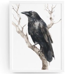 Watercolor Black Crow Wall Art Print Unframed - Black Bird Illustration Artwork